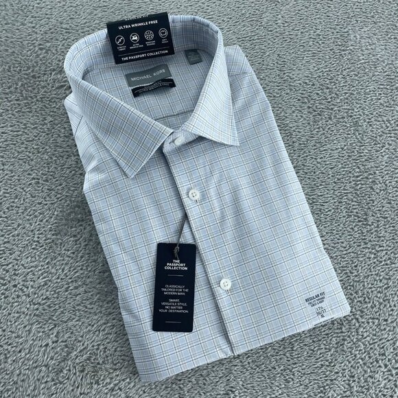 Michael Kors Mens Grey Multi Plaid Dress Shirt XL Regular Fit NWT 4270 - Picture 1 of 8
